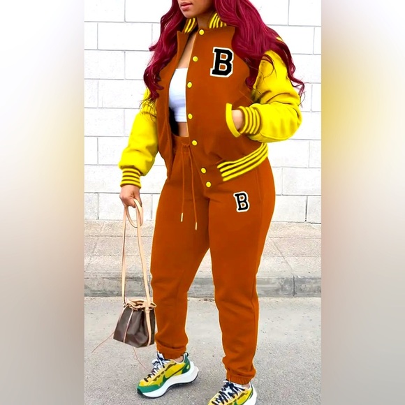 2 Pc: Brown & Yellow Varsity Jacket & Jogger Pants w/Letter “B” Embroidery, NIP - Picture 1 of 6